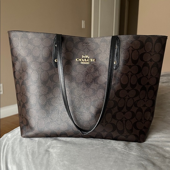 Coach Dark Brown Signature Tote with Black Handles - Picture 1 of 7